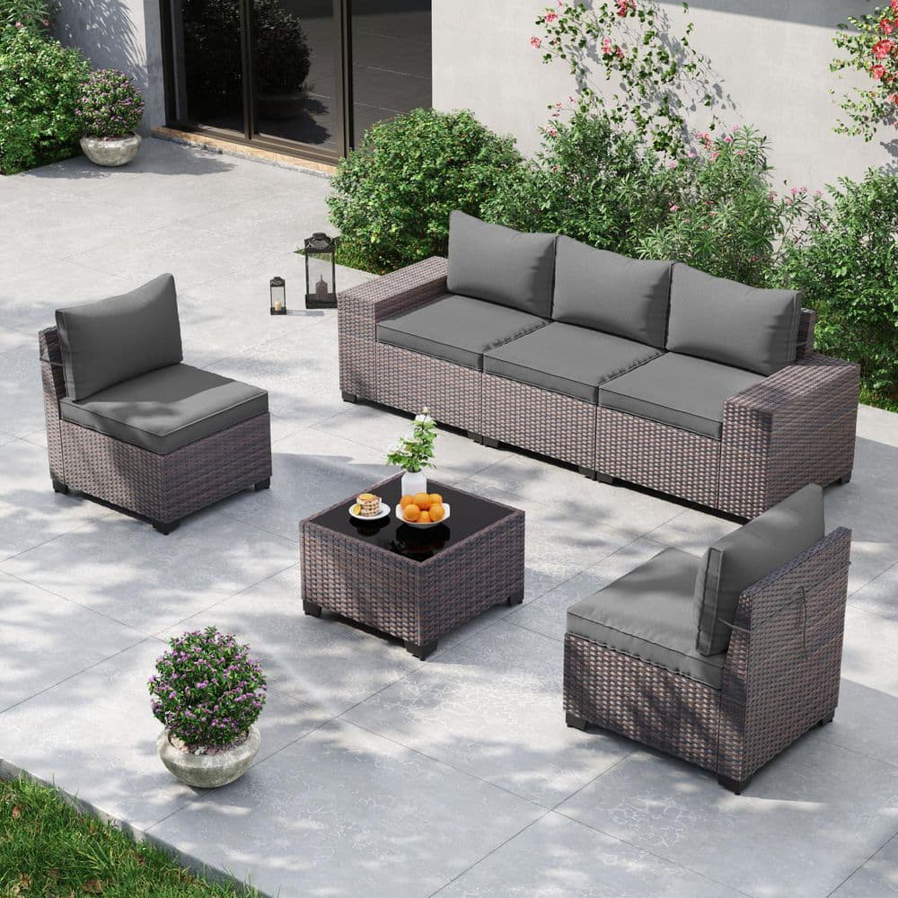 6-Piece Brown Wicker Outdoor Sectional Set with Wide Armrest, Black Tempered Glass and Gray Cushions price history on PriceWatchPro