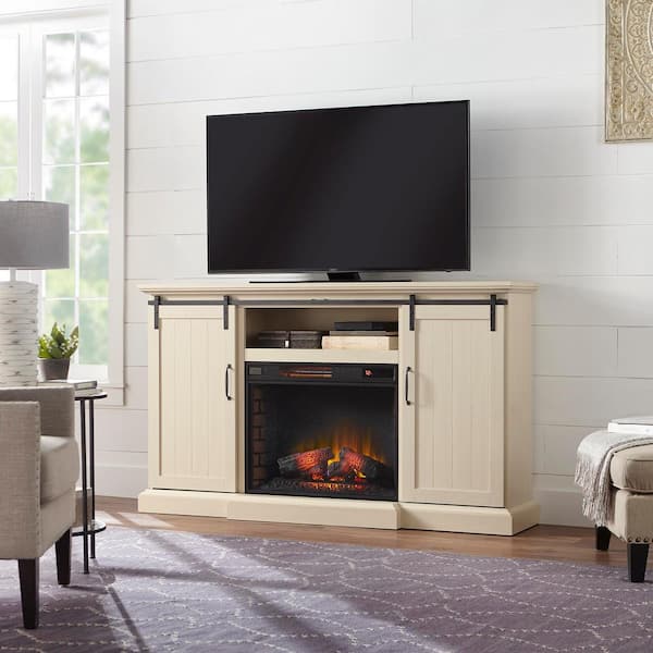 Home Decorators Collection Chastain 68 in. Freestanding Media Console Electric Fireplace TV Stand with Sliding Barn Door in Ivory