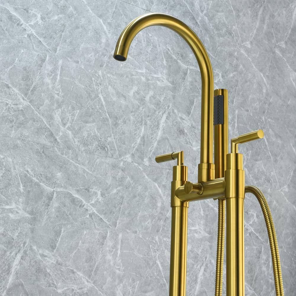 Brushed Gold Stainless Steel Floor Mounted Tub Filler with Handshower