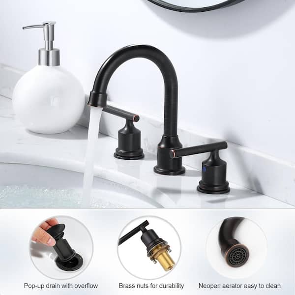 8 in. Widespread Double Handle High Arc Bathroom Faucet with Pop Up Drain and Supply Lines Included in Oil Rubbed Bronze