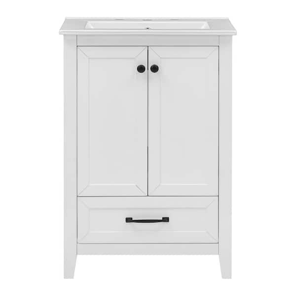 Polibi 24 in. W Single Sink Freestanding Bath Vanity in White with White Ceramic Top, 1 Drawer and Doors