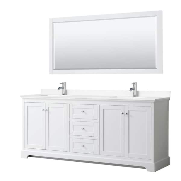 Wyndham Collection Avery 80 in. W x 22 in. D Double Vanity in White with Cultured Marble Vanity Top in White with Basins and Mirror