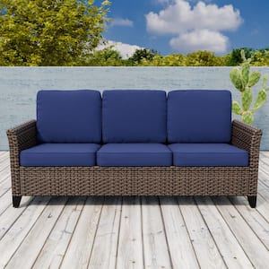 2-Color Brown Wicker Outdoor Patio 3 Seater Sofa Couch with Blue Cushions, Wide Armrest