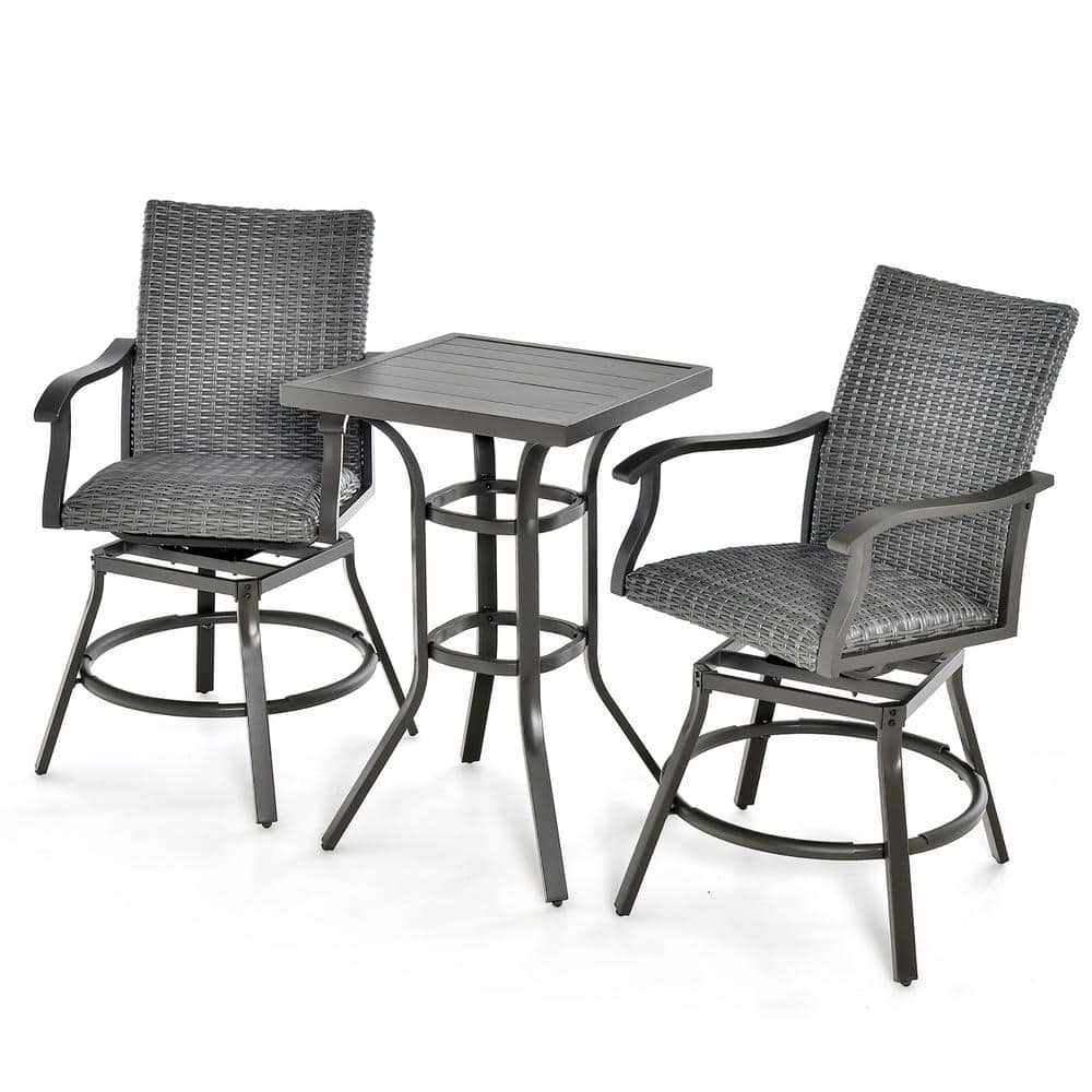 Costway 3-Piece Wicker Patio Conversation Set Rattan Bar Table Stools Set Aluminum 360° Swivel Chairs with Padded Seat