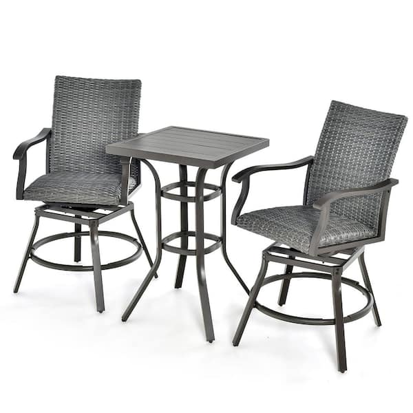 Costway 3-Piece Wicker Patio Conversation Set Rattan Bar Table Stools Set Aluminum 360° Swivel Chairs with Padded Seat