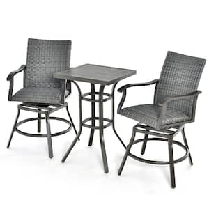 3-Piece Wicker Patio Conversation Set Rattan Bar Table Stools Set Aluminum 360° Swivel Chairs with Padded Seat