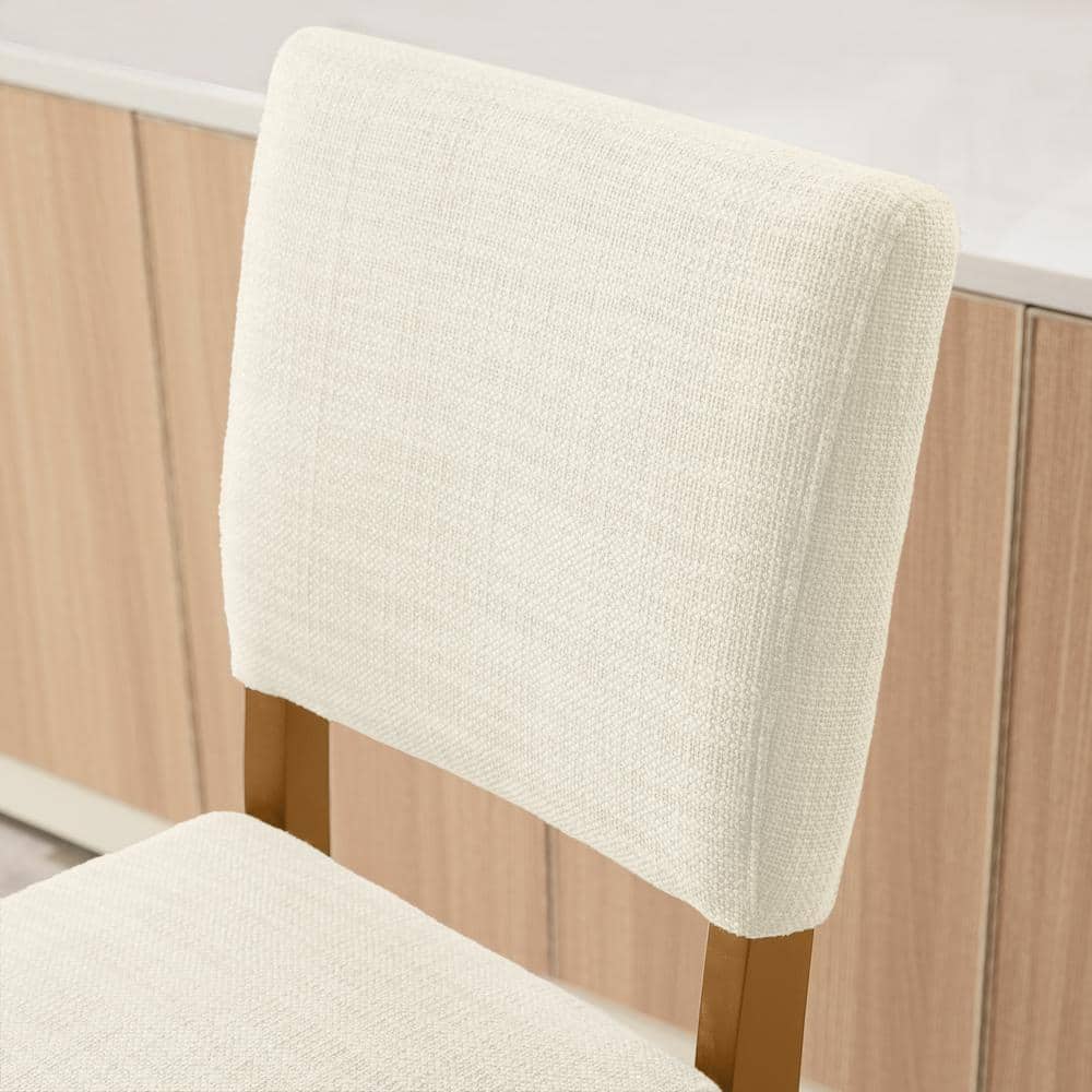Natural White Sand Upholstered Bar Height Stools with Wood Base, Set of 2