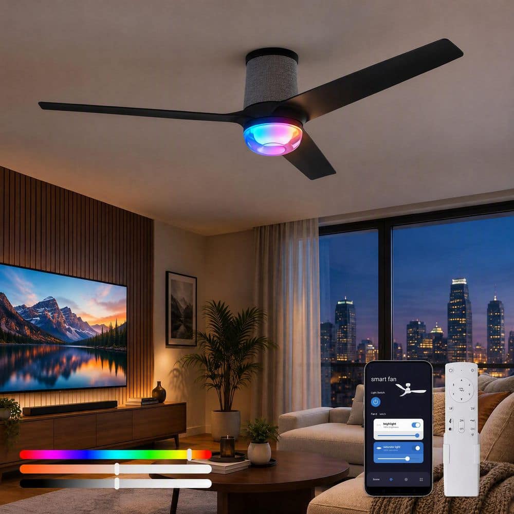 52 in. LED Gray Flush Mount Ceiling Fan with RGB Rainbow Light, 3 Black Leaf Blades Smart Fan, Remote Control Included