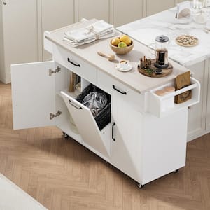 White Rubber Wood Kitchen Cart with Drop Leaf and Trash Can Storage Cabinet