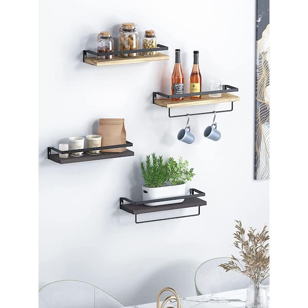 Wall Floating Shelves 2 Pack, No Drill Adhesive Mount, Black Metal Hanging Shelf, Storage Bookshelf Rack for Bathroom, Bedroom, Kitchen, Laundry