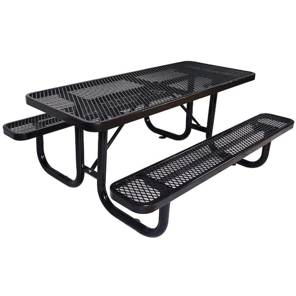 72 in. Black Expanded Metal Rectangular Picnic Table with Umbrella Hole