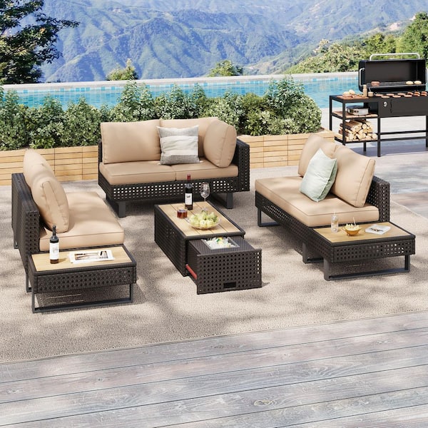 4-Piece Wicker Outdoor Patio Extendable Coffee Table Conversation Sectional Set with Deep Khaki Cushions and Ice Bucket