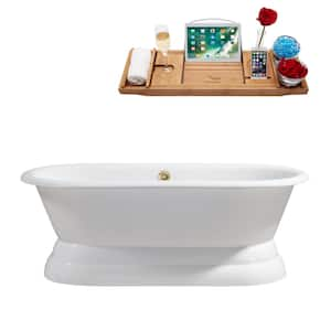 66 in. Cast Iron Flatbottom Non-Whirlpool Bathtub in Glossy White with Polished Gold External Drain and Tray