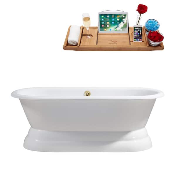 Streamline 66 in. Cast Iron Flatbottom Non-Whirlpool Bathtub in Glossy White with Polished Gold External Drain and Tray