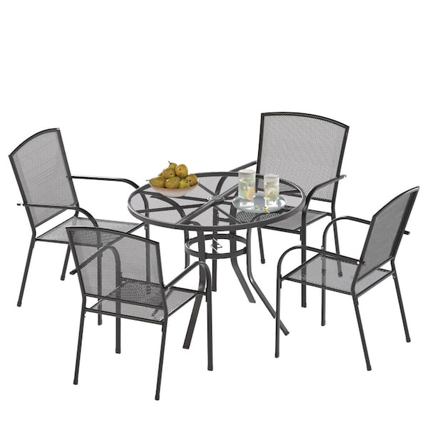 AECOJOY Dark Gray 5-Piece Steel Round Table Outdoor Dining Set