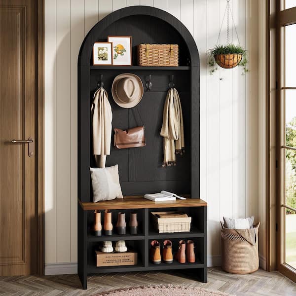 Carmalita Black 70.9 in. Tall Arched Hall Tree Coat Rack with Entryway Bench, Shoe Storage, 5 Hooks, Mudroom, Entryway