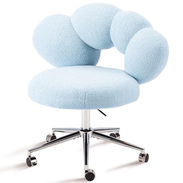 Unbranded Metal Swivel Vanity Chair Height Adjustable Desk Chair on Wheels Outdoor Dining Chair with Teddy Velvet Blue Cushions