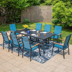 Black 9-Piece Metal Outdoor Patio Dining Set with Slat Rectangle Table and Stackable Aluminum Chairs