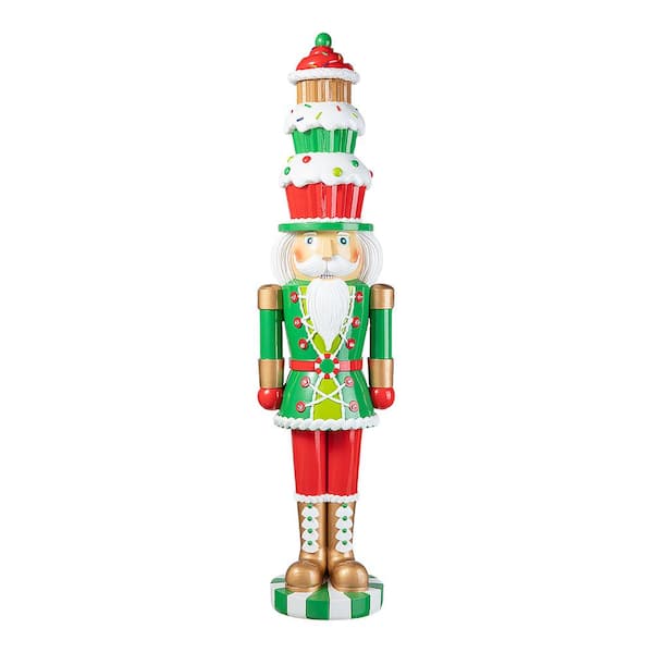 28 in. H Lighted Resin Christmas Nutcracker with Cupcake Hat Porch Decor with Timer