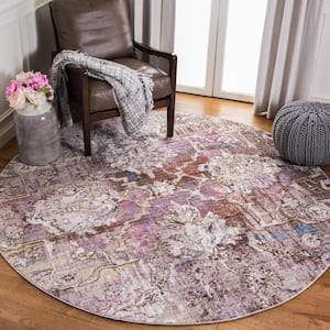 Bristol Pink/Gray 7 ft. x 7 ft. Round Distressed Damask Area Rug