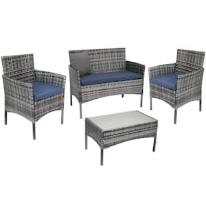 Dunmore Mixed Gray 4-Piece Rattan Outdoor Patio Set with Navy Blue Cushions