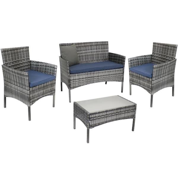 Sunnydaze Dunmore Mixed Gray 4-Piece Rattan Outdoor Patio Set with Navy Blue Cushions