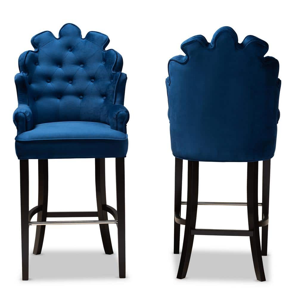 Chloe Adjustable Navy Blue Velvet and Dark Brown Wood Bar Stool