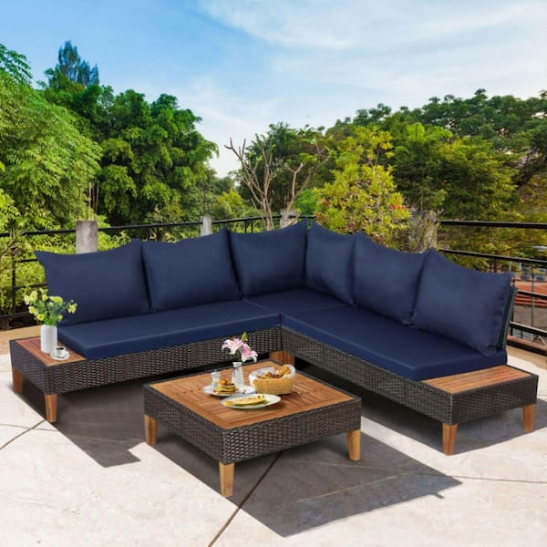 Kadehome 4-Pieces Rattan Wicker Patio Conversation Set with Cushions in Navy Outdoor Sectional Sofa Set Wooden Side Table