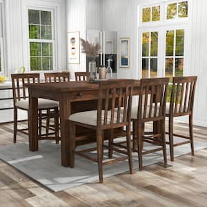 Creeke 7-Piece Rectangle Wood Top Rustic Oak and Beige Counter Height Dining Table Set