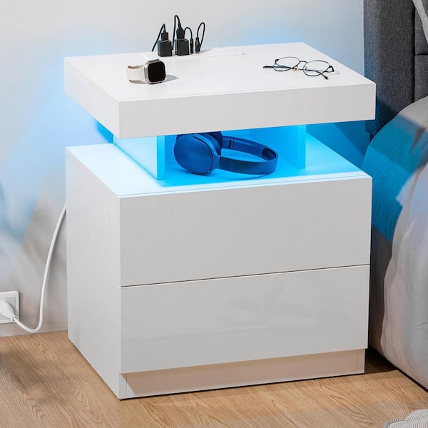 Modern White 2-Drawer 19.7 in. W Nightstand with Smart LED Light and Wireless Charging Station