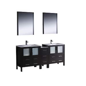 Torino 72 in. Double Vanity in Espresso with Ceramic Vanity Top in White with White Basins and Mirrors