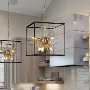 6-Light Modern Gold Sputnik Sphere Industrial Caged Chandelier Starburst Satellite Lantern Pendant Ceiling Lighting