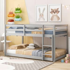 Gray Low Bunk Beds Twin Over Twin Wood Floor Bunk Bed Frame with Slat and Ladder for Kids Boys Girls