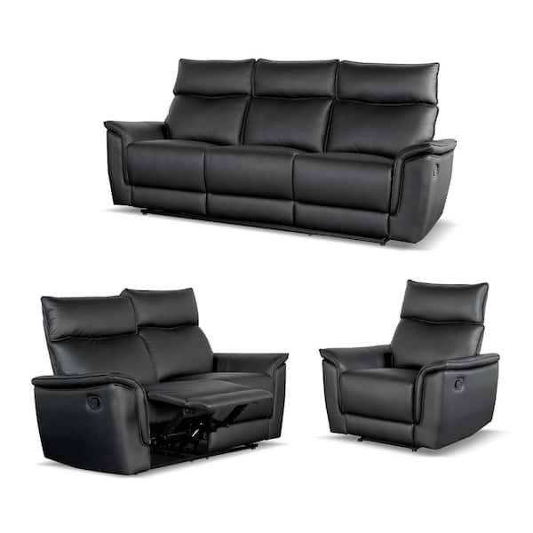 Furniture of America Willis 3-Piece Black Leather Manual Reclining Living Room Set