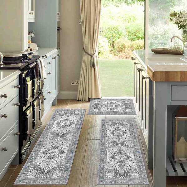Grey 1.67 ft. x 4.9 ft. Boho Indoor Kitchen 3-Piece  Rug Set,