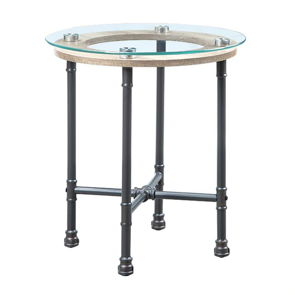 Brantley 22" Industrial Round End Table with Glass Top and Wooden Shelf