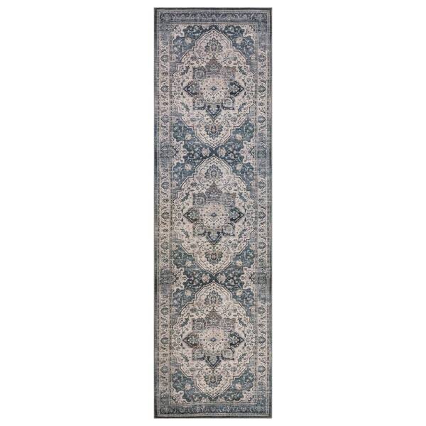 Vintage Medallion Coastal Blue Machine Washable Non-Slip Backing 2 ft. x 12 ft. Blue Area Rug
