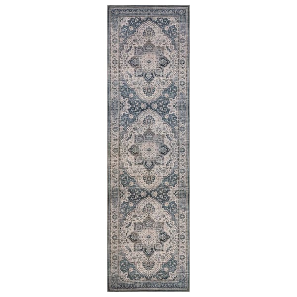 Vintage Medallion Coastal Blue Machine Washable Non-Slip Backing 2 ft. x 8 ft. Blue Area Rug