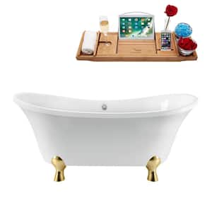 60 in. Acrylic Clawfoot Non-Whirlpool Bathtub in Glossy White With Polished Gold Clawfeet And Glossy White Drain