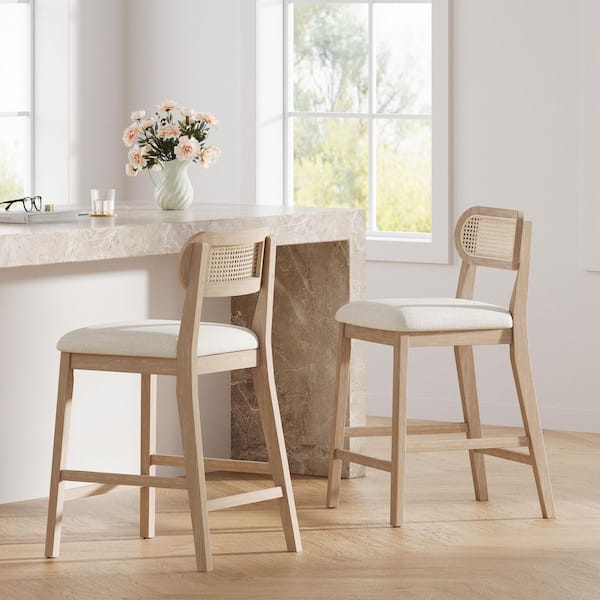 Alven 37.24 in. H Natural Low Back Solid Wood Counter Barstools with Beige Fabric Cushion and Rattan Back, (Set of 2)