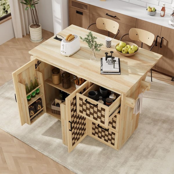 Natural Brown Wood 53 in. Kitchen Island with 3D Woven Checkerboard Pattern, Drop Leaf and 2-Power Outlet for Outdoors