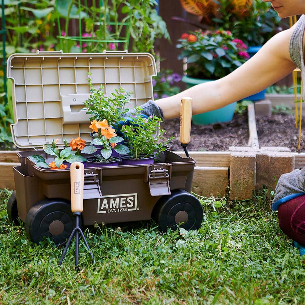 Brown and Beige Plastic Rolling Garden Storage Cart
