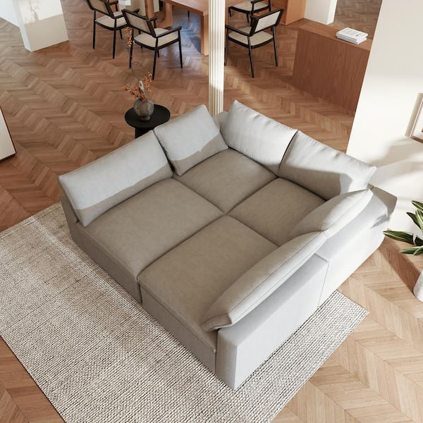Magic Home Down Filled 157 in. Square Arm Linen 4-piece Large Modular Sectional Sofa Modern Convertible Sofa Cloud Couch in Gray
