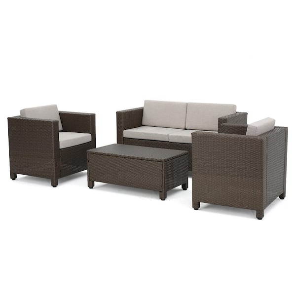 Sudzendf Dark Brown 4-Piece Faux Rattan Outdoor Metal Patio Conversation Set with Beige Cushions
