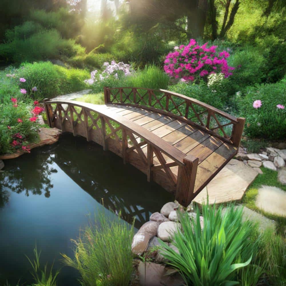 72" Brown Wood Garden Bridge with Cross Halved Lattice Railing