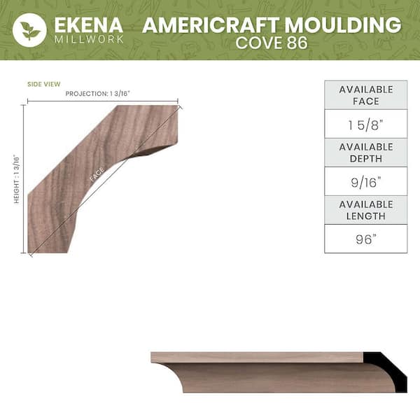 Ekena Millwork WM86 0.56 in. D x 1.63 in. W x 96 in. L Wood Maple Crown Moulding