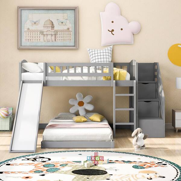 URTR Stairway Gray Twin Over Twin Bunk Bed Frame with Slide and 