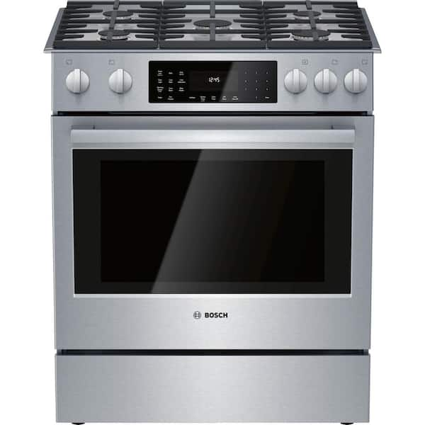 Bosch 800 Series 30 in. 4.6 cu. ft. Slide-In Dual Fuel Range with Self-Cleaning Convection Oven in Stainless Steel