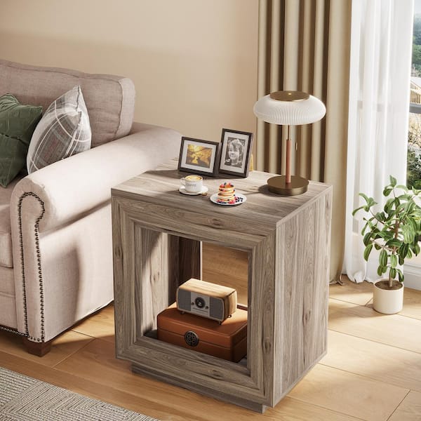 BYBLIGHT Kerlin 23.62in. Rustic Gray Rectangular Wood End Table, Farmhouse 2-Tiered Side Table for Living Room, Entrance