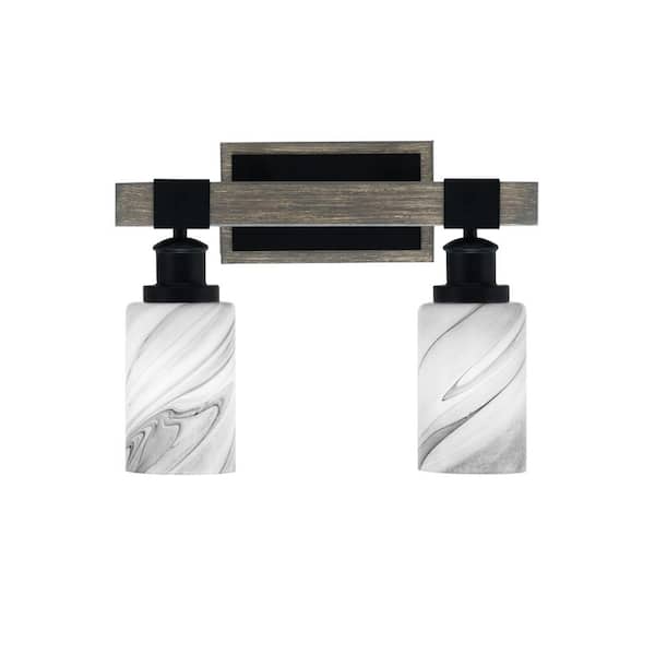 Unbranded Richmond 15 in. 2-Light Vanity Light Black/Painted Wood-look Metal with 4 in. Onyx Swirl Glass Shades no bulbs included